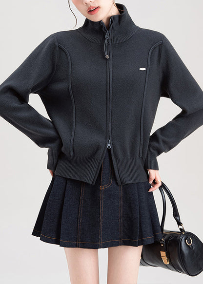 Dark Grey Zip Up High Neck Knit Sweaters Coat Spring