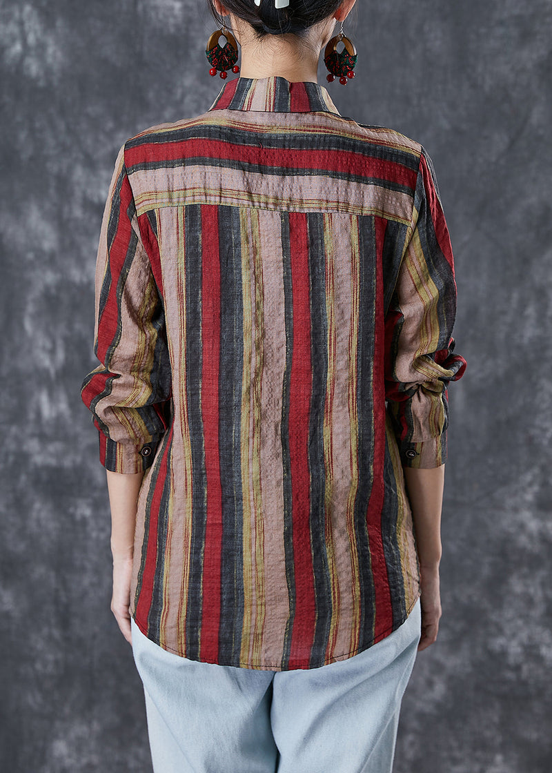 Red Peter Pan Collar Striped Linen Shirt Top Fall