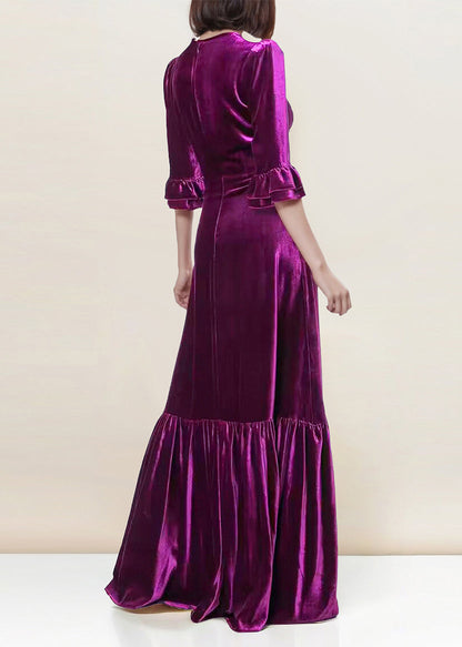 French Purple O Neck Ruffled Patchwork Silk Velour Long Dresses Spring