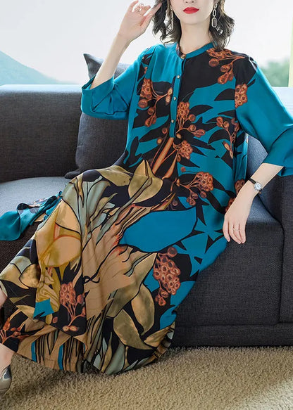 Blue O-neck Print Chiffon Dress and Pants Two Pieces Set Three Quarter Sleeve