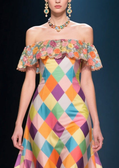 Italian Multicolour Plaid Patchwork Flower Silk Strapless Dress Summer