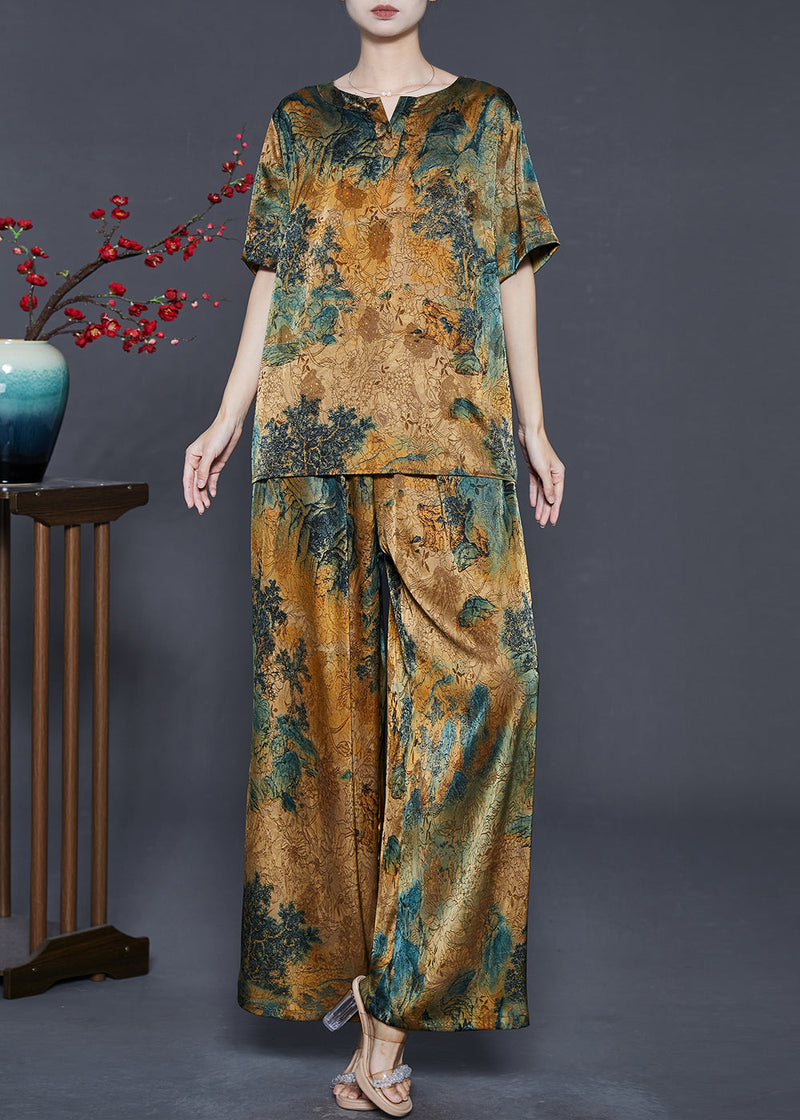 Boutique V Neck Print Silk Sets 2 Piece Summer