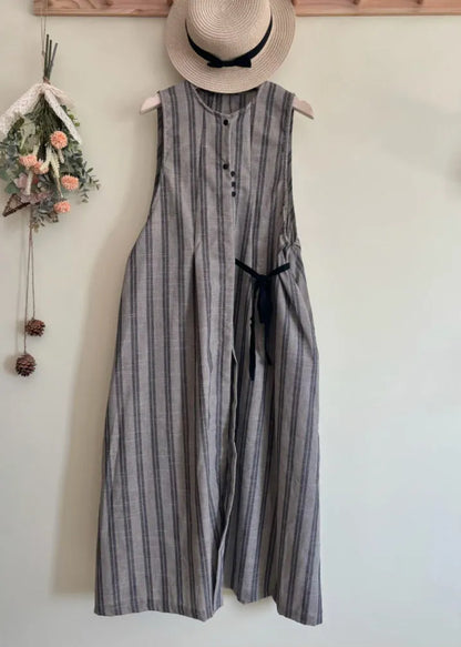 Black Striped Tie Waist Long Vest Dress Summer