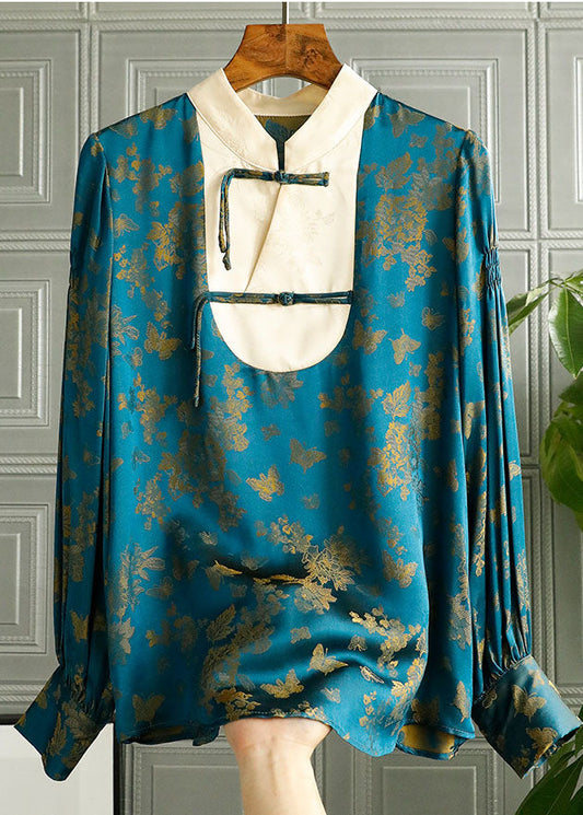 Fine Green Stand Collar Button Print Patchwork Silk Tops Spring