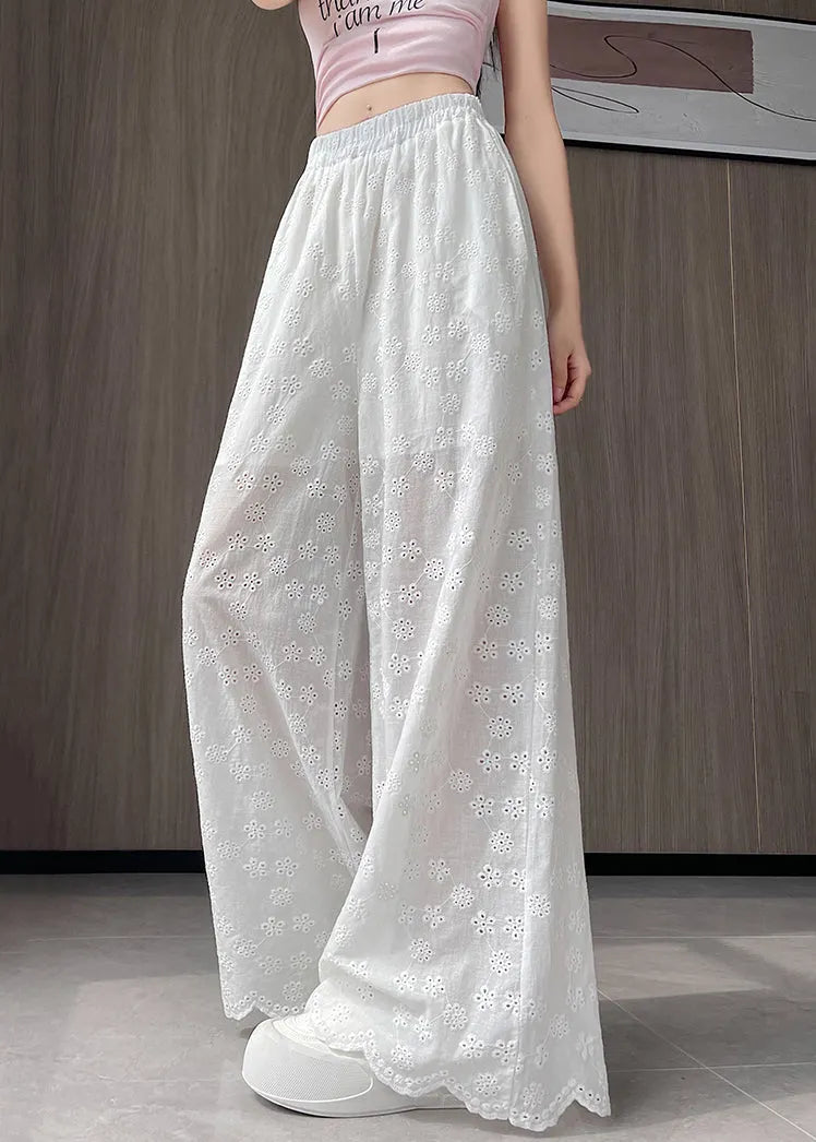 New White Hollow Out Elastic Waist Thin Cotton Wide Leg Pants Fall