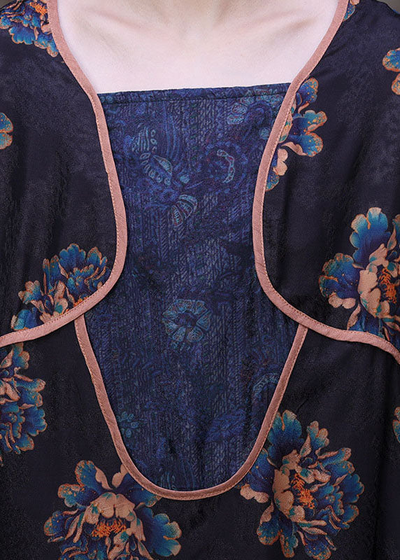 Navy Asymmetrical Patchwork Print Silk Long Dress Long Sleeve