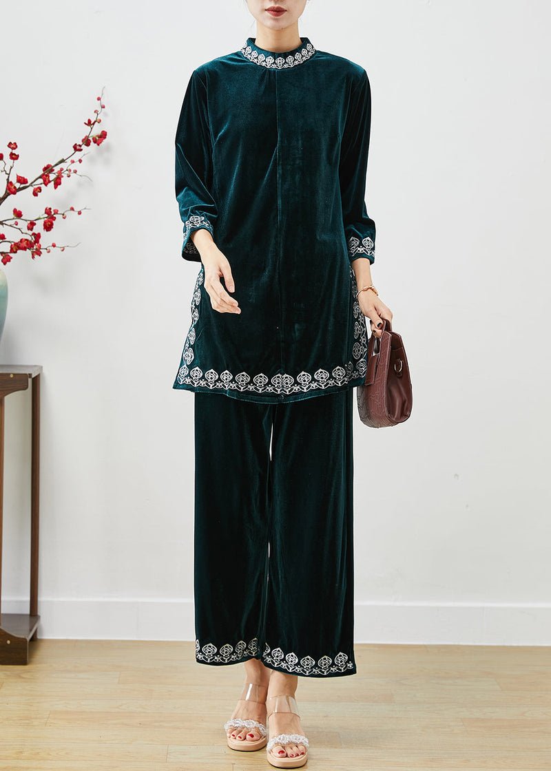 Peacock Green Embroideried Silk Velour Two Piece Set Bracelet Sleeve