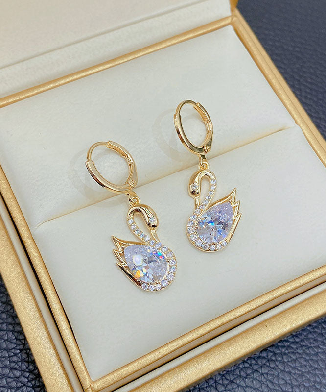Gold Alloy Zircon Crystal Swan Drop Earrings