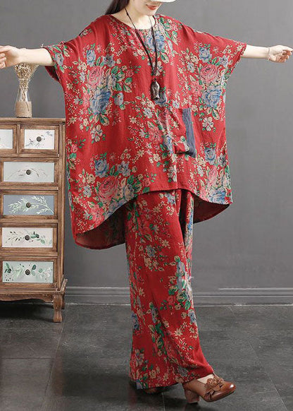 Red Print Pockets Patchwork Tops and Pants Cotton Two Pieces Set Summer