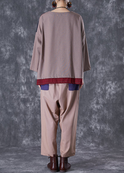 Coffee Patchwork Applique Cotton Two-piece Set Oversized Fall