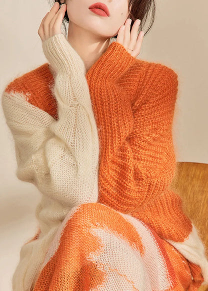 Orange Print Ma Hai Mao Knitted Two Piece Set Outfits Fall