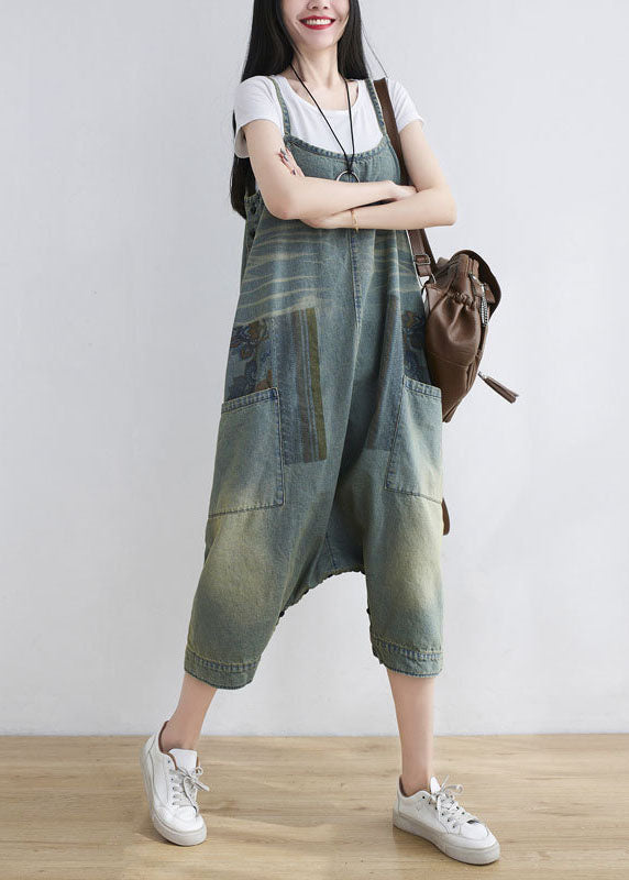 Loose Light Blue Pockets Print Denim Jumpsuit Spring