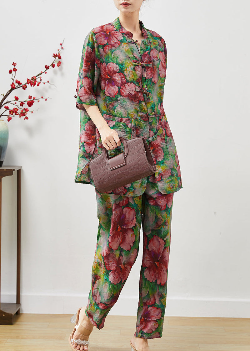 Red Chinese Button Linen Two Pieces Set Summer