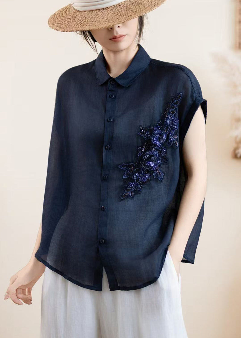Navy Embroidered Linen Shirt Top Summer