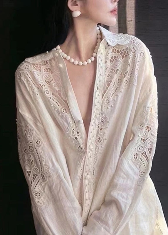 White Peter Pan Collar Hollow Out Button Top Lantern Sleeve