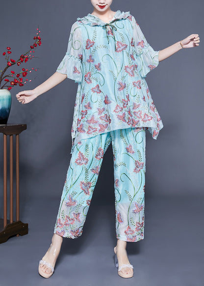 Light Blue Hooded Ruffled Print Silk Two Pieces Set Flare Sleeve