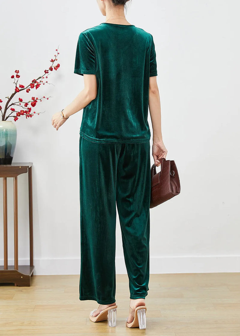Blackish Green Slim Fit Silk Velour Two Pieces Set Fall