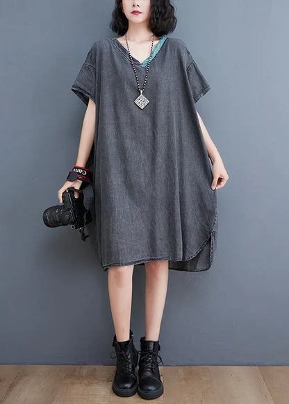 Boutique Black V Neck Patchwork Low High Design Denim Dresses Short Sleeve