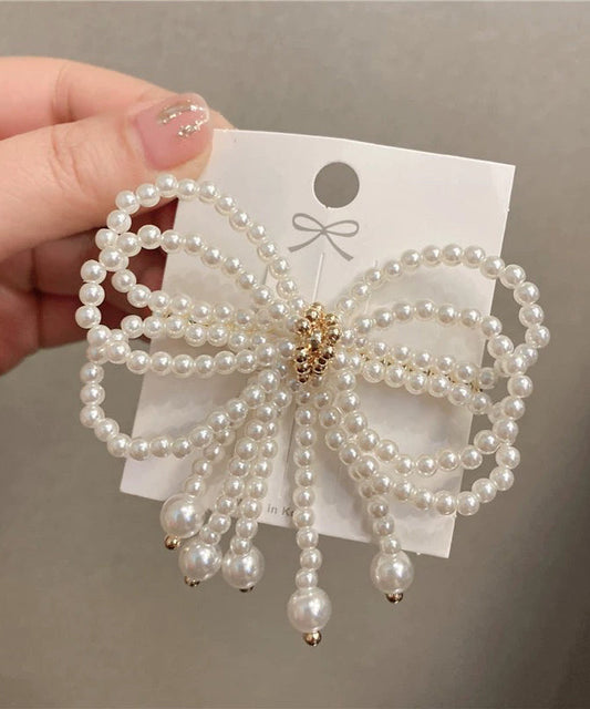 Modern White Crystal Pearl Bow Hairpin