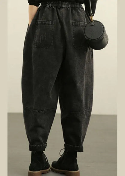 Diy Blue High Waist Pockets Wrinkled Harem Fall Denim Pants