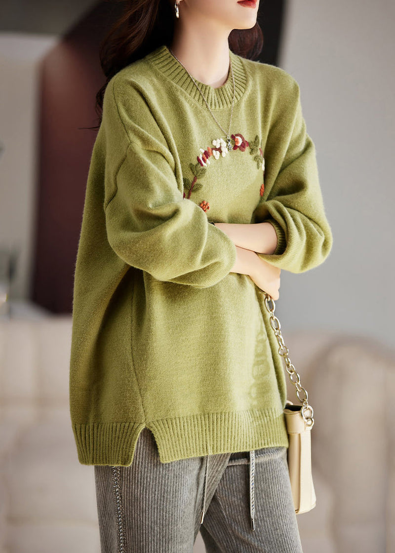 Art Grass Green Embroideried Thick Knit Sweater Tops Winter