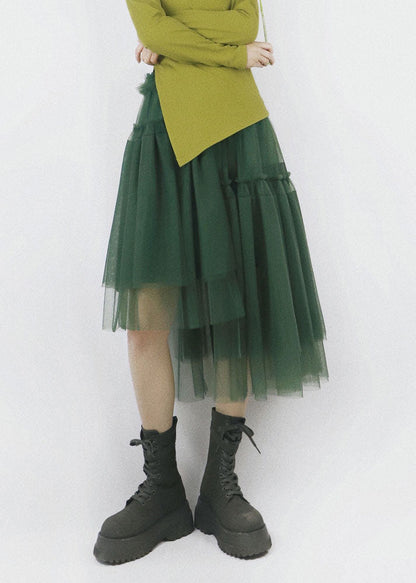 Green High Waist Asymmetrical Patchwork Tulle Pleated Skirt Summer