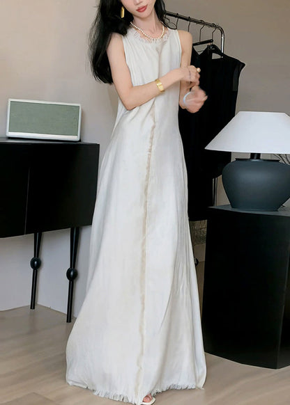 Apricot O-neck Cotton Long Dress Sleeveless