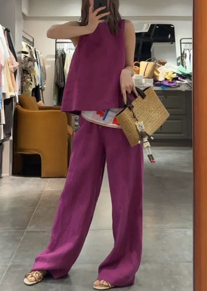 Simple Rose O Neck Tank and Pants Linen Two Pieces Set Sleeveless
