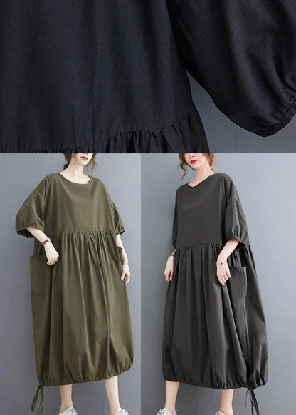 Style Black Cinched O Neck Holiday Dress Puff Sleeve