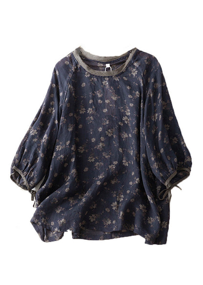Navy O Neck Lace Up Print Linen Tops Bracelet Sleeve