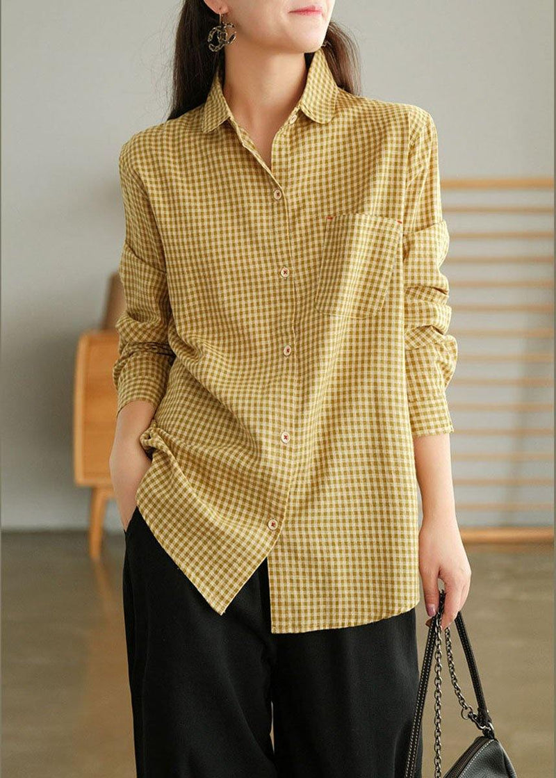 Yellow Plaid Retro Pockets Spring Long Sleeve Blouse Top