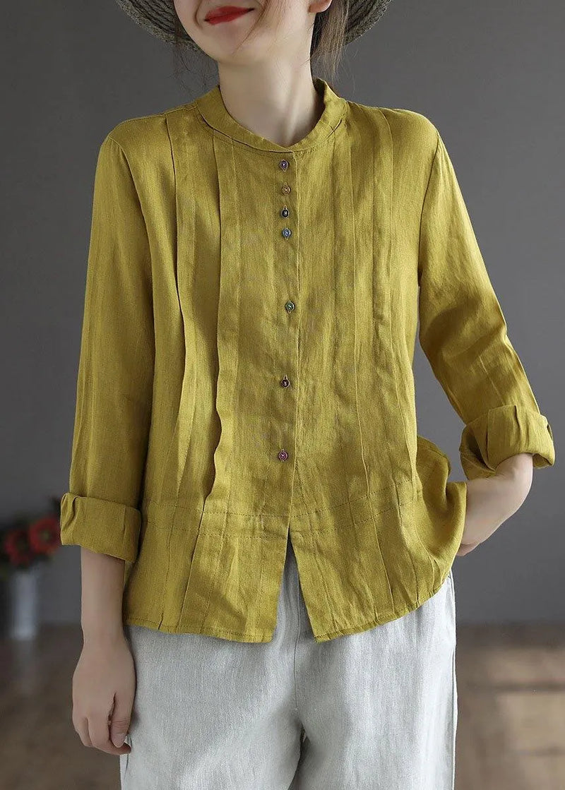 White Flower Button Fall Top Long Sleeve Linen