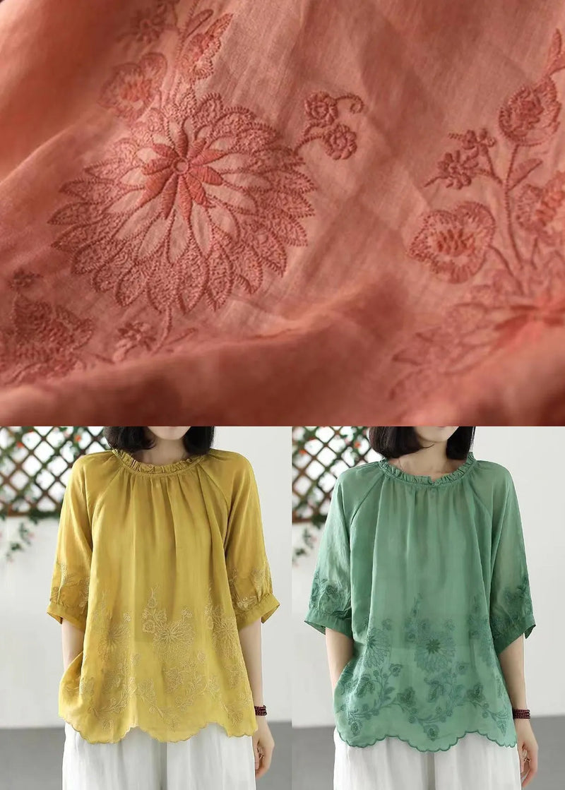 Orange Ruffled Embroideried Linen T Shirt Summer