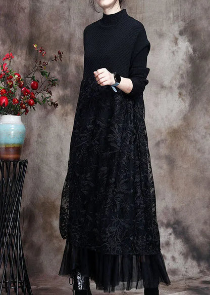 Black Knit Patchwork Asymmetrical Design Fall Knit Dress