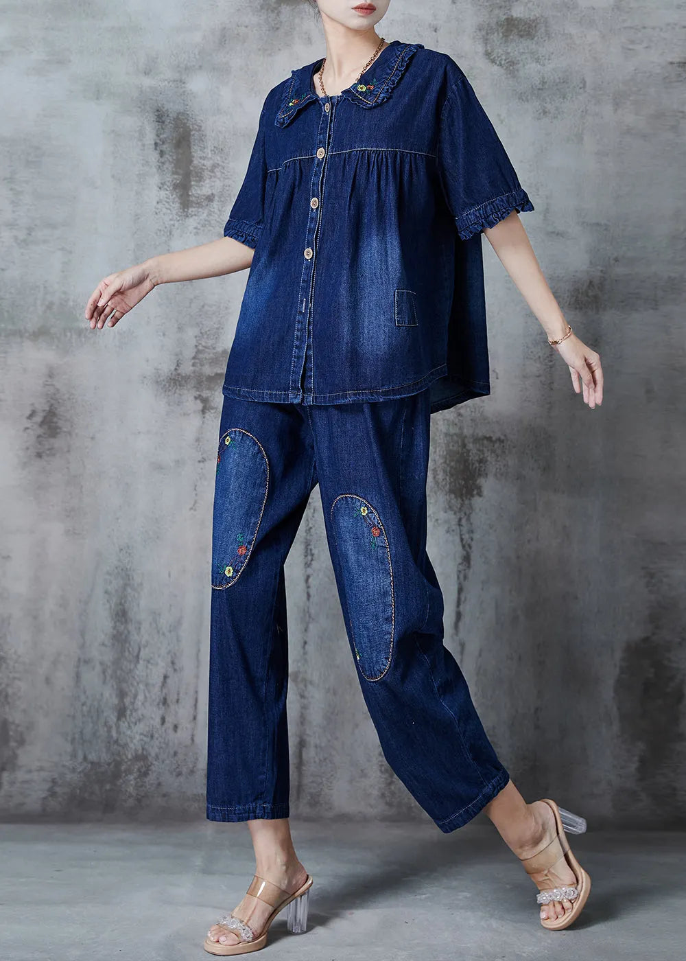 Navy Embroidered Patchwork Denim Two Pieces Set Summer