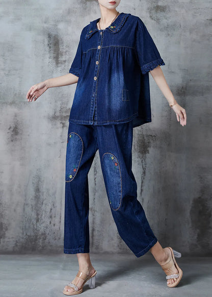 Navy Embroidered Patchwork Denim Two Pieces Set Summer