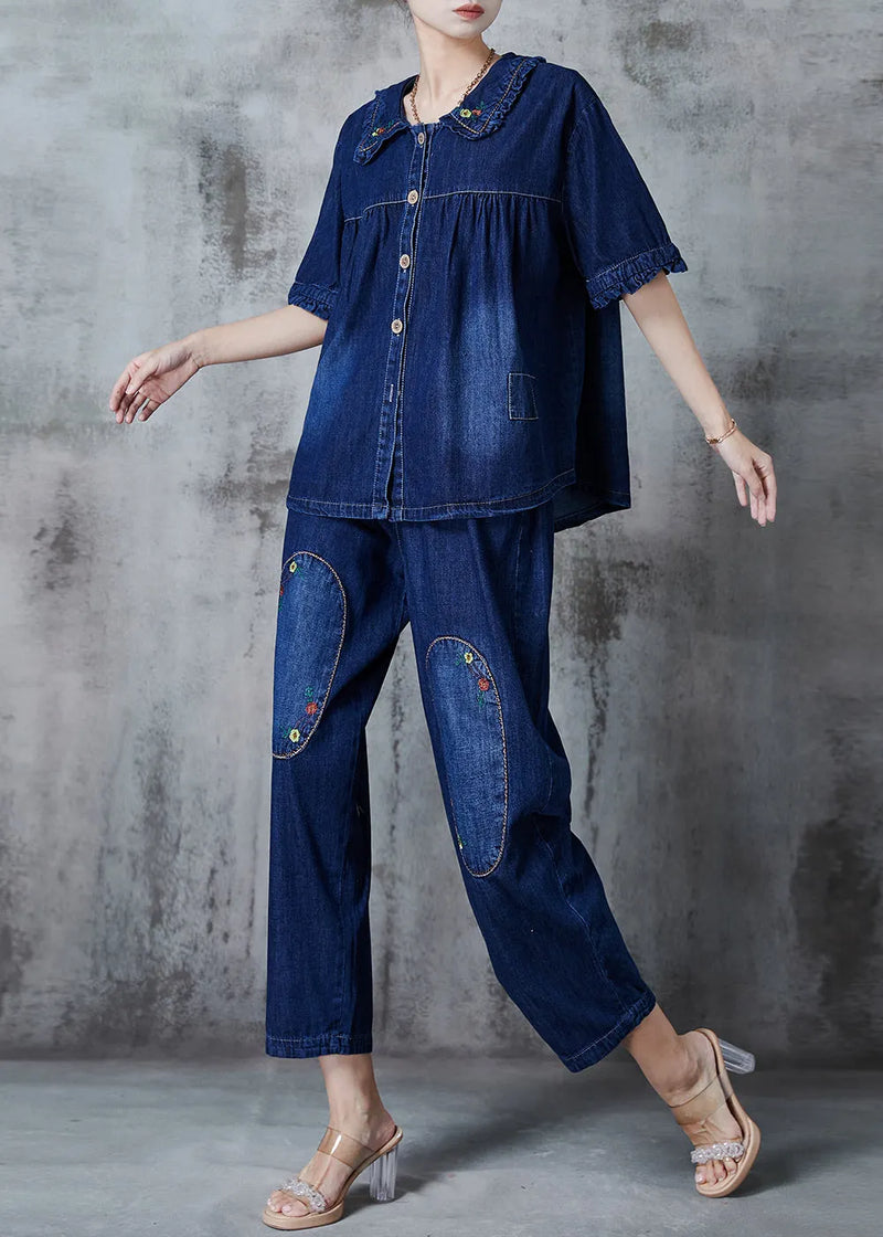 Navy Embroidered Patchwork Denim Two Pieces Set Summer