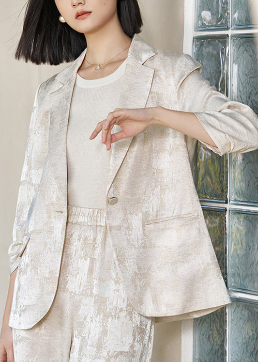 Beige Notched Tie Dye Linen Coats Fall