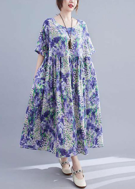 Purple O-neck Print Patchwork Long Dress Short Sleeve