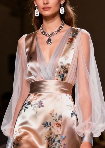 French Champagne Print Tulle Patchwork Silk Dinner Dress Summer