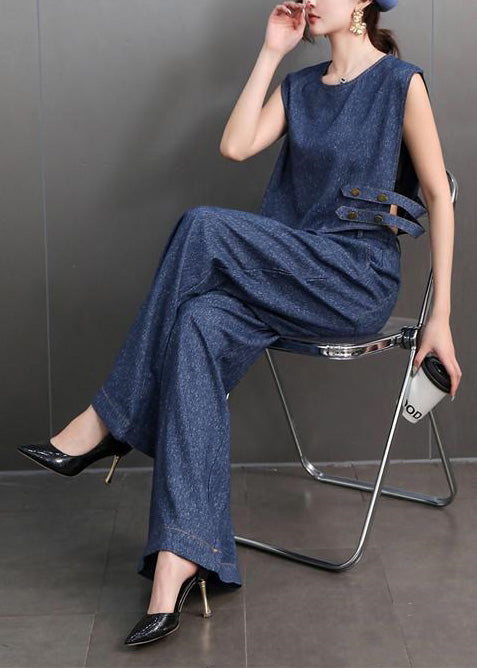 French Navy Asymmetrical Design Denim Two-piece Set Sleeveless
