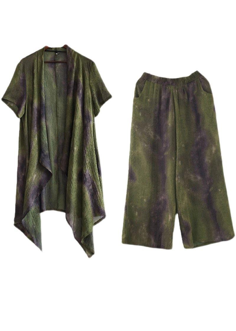 Green Silk Blended Tie Dye Asymmetrical Wide Leg Design Two Piece Set