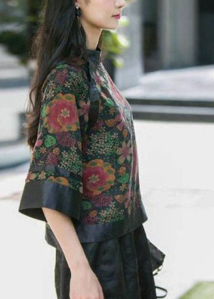 Modern Black Stand Collar Button Print Patchwork Silk Tops Spring