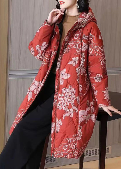 Black Hooded Print Pockets Duck Down Down Coat Winter