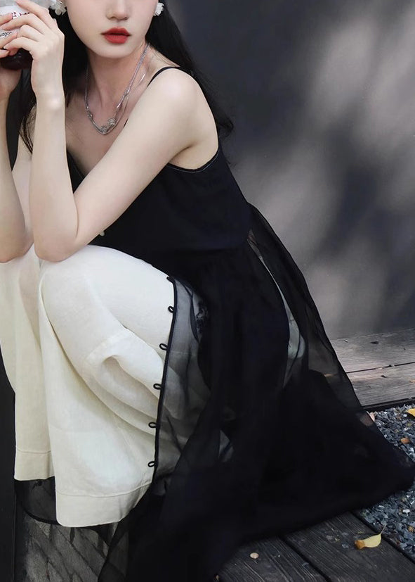 New Black Button Spaghetti Strap Dress and White Pants Silk 2 Piece Sleeveless