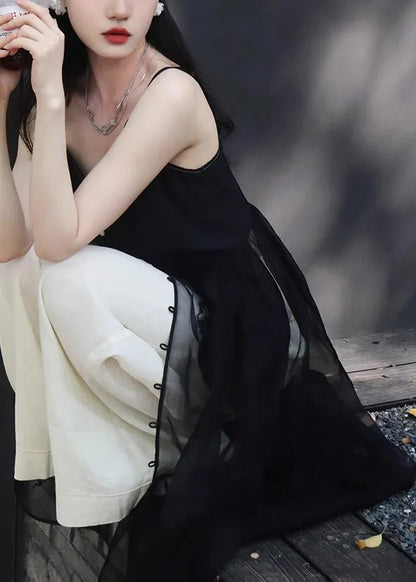 New Black Button Spaghetti Strap Dress and White Pants Silk 2 Piece Sleeveless