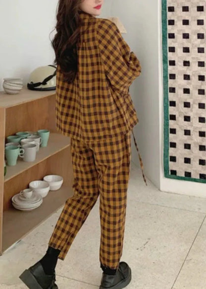 Handmade Khaki O-neck Button Plaid Warm Fleece Two Piece Outfit Spring