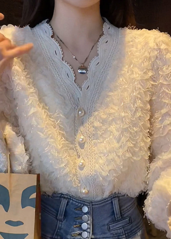 Diy Beige V Neck Pearl Button Fluffy Lace Patchwork Chiffon Shirts Long Sleeve
