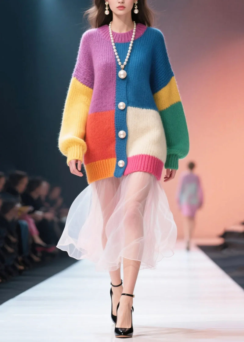 Modern Mixed Color Pearl Patchwork Tulle Sweater Dress Winter