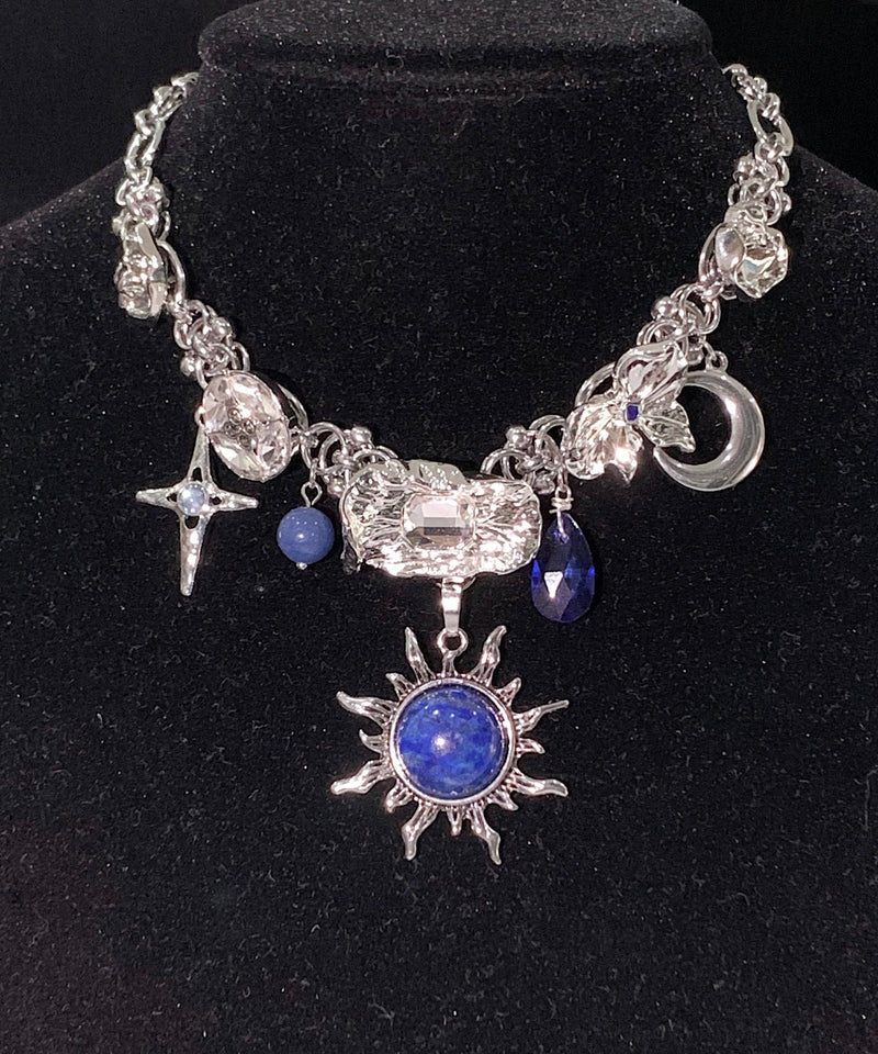 Blue Sun Zircon Moon Alloy Pendant Choker